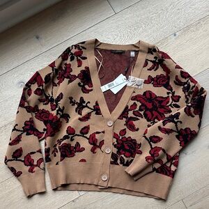 Tahari Tan and Red Floral Cardigan